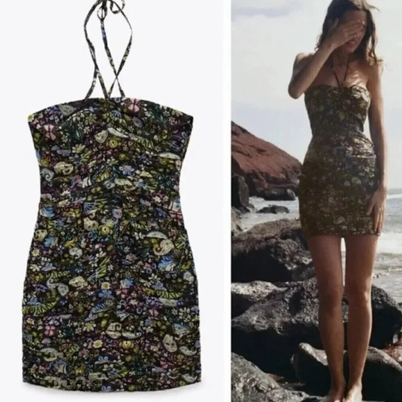 Zara Draped Floral Halter Mini Dress Size Medium - Picture 1 of 11